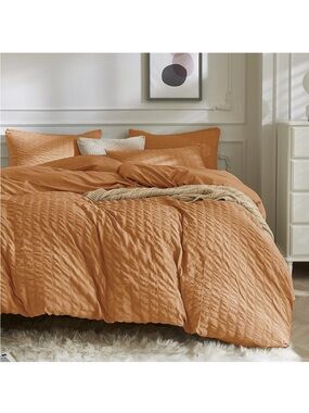 NEW JELLYMONI Burnt Orange Seersucker Duvet Cover Set. Twin w/ Zipper and ties